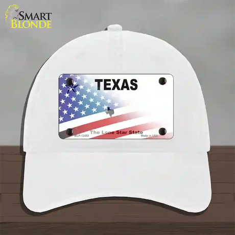 Texas White with American Flag Novelty License Plate Hat Unconstructed Cotton / White