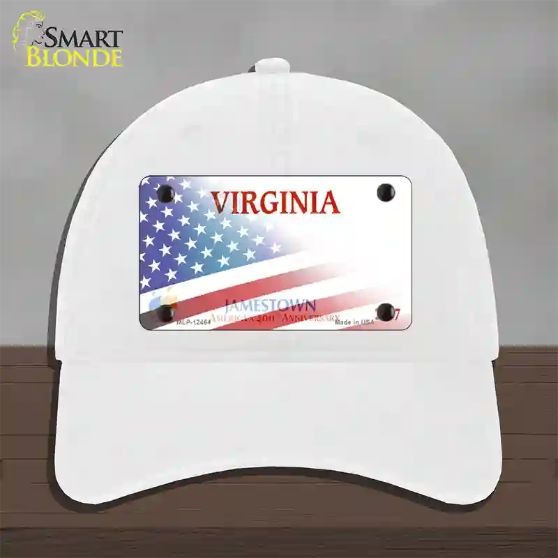 Virginia Jamestown with American Flag Novelty License Plate Hat Unconstructed Cotton / White