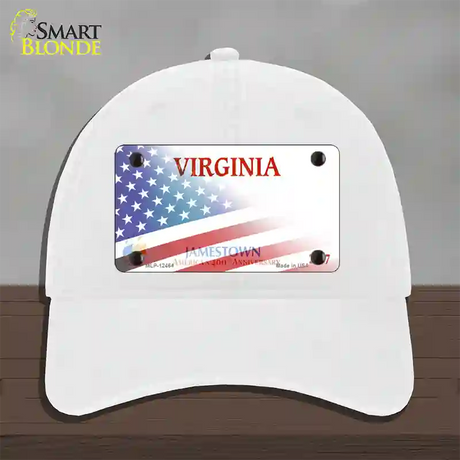 Virginia Jamestown with American Flag Novelty License Plate Hat Unconstructed Cotton / White