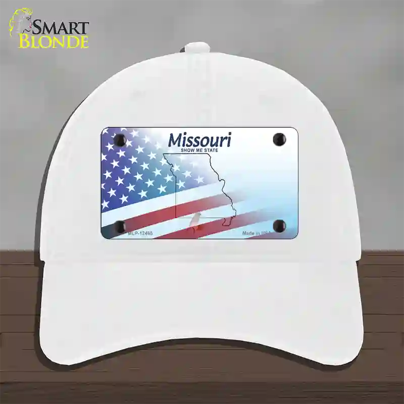 Missouri Show Me with American Flag Novelty License Plate Hat Unconstructed Cotton / White