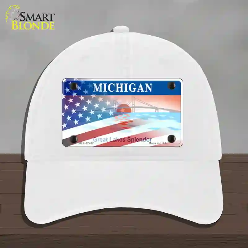 Michigan Splendor with American Flag Novelty License Plate Hat Unconstructed Cotton / White