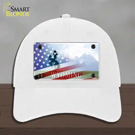 Wyoming Cowboy Plate American Flag Novelty License Plate Hat Unconstructed Cotton / White