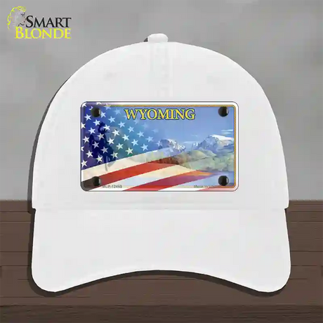 Wyoming State with American Flag Novelty License Plate Hat Unconstructed Cotton / White