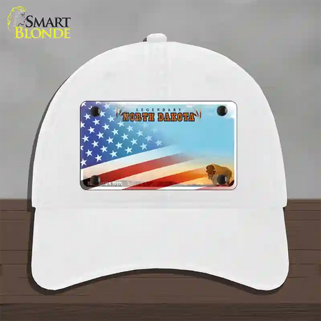 North Dakota Legendary with American Flag Novelty License Plate Hat Unconstructed Cotton / White