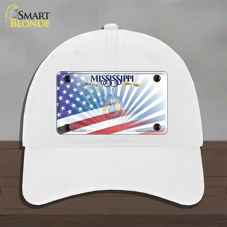 Mississippi Blue with American Flag Novelty License Plate Hat Unconstructed Cotton / White