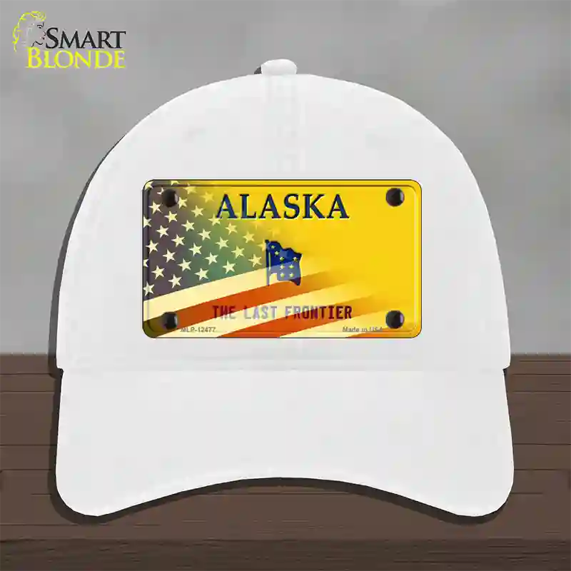 Alaska State Blank Novelty License Plate Hat Unconstructed Cotton / White / Alaska Frontier (9509):https | Half American Flag | Yes