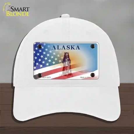 Alaska State Blank Novelty License Plate Hat Unconstructed Cotton / White / Alaska Bear (9511):https | Half American Flag | Yes