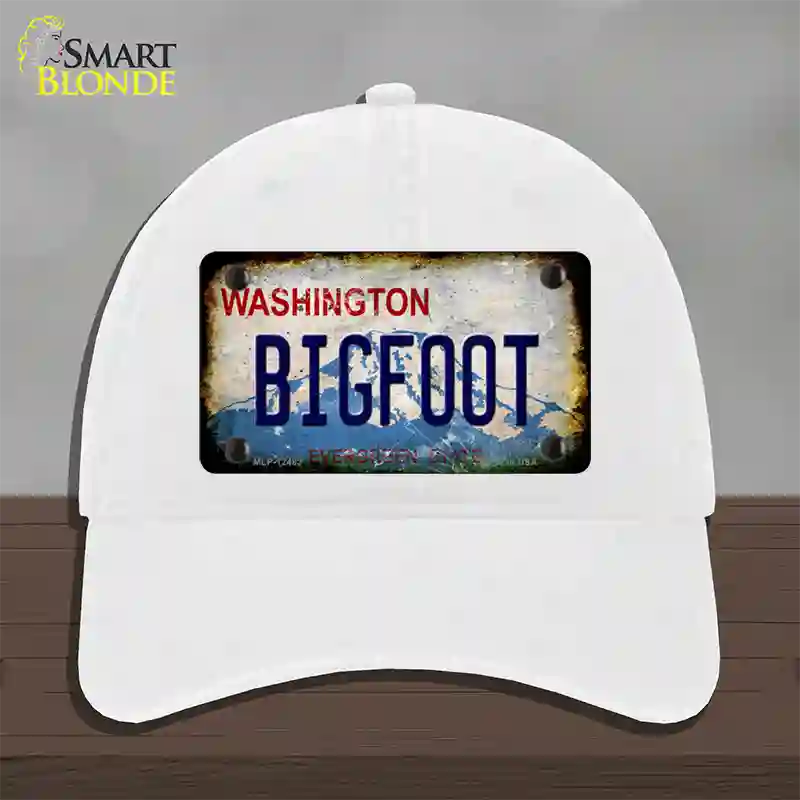 Bigfoot Washington Rusty Novelty License Plate Hat Unconstructed Cotton / White