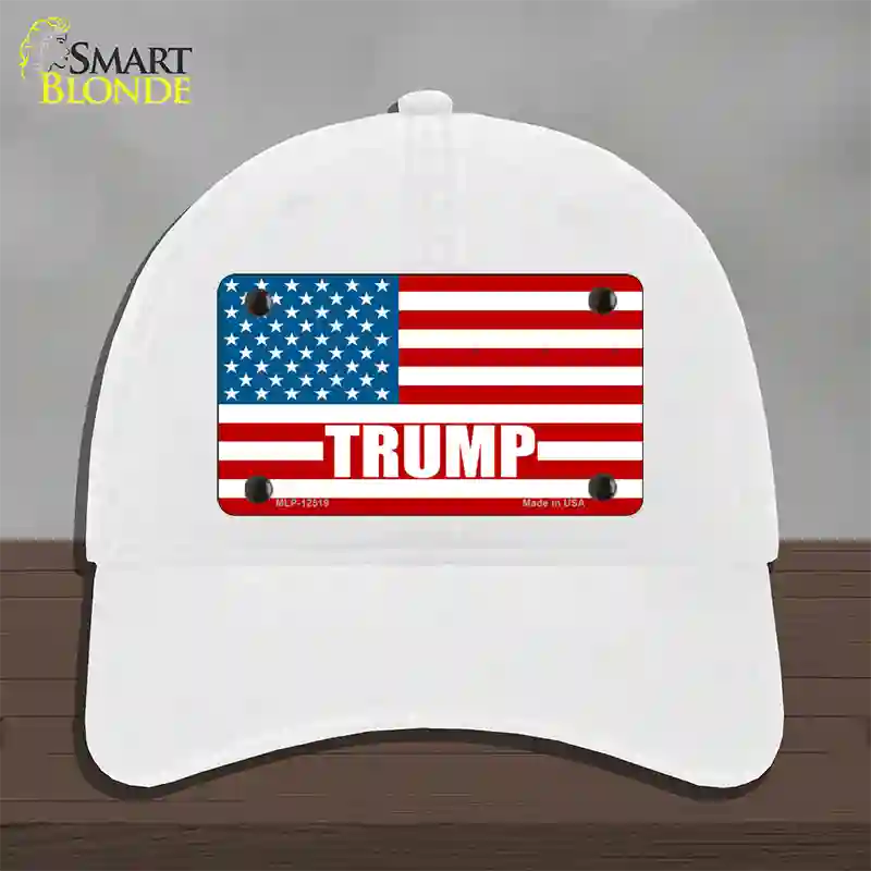 Trump American Flag Novelty License Plate Hat Unconstructed Cotton / White