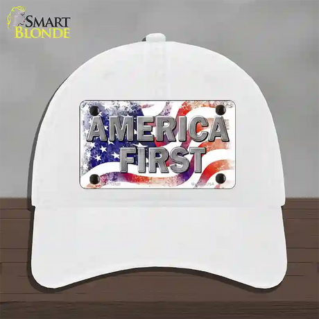 America First Novelty License Plate Hat Unconstructed Cotton / White