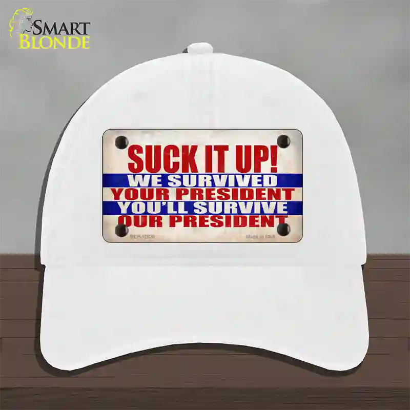 Suck It Up We Survived Novelty License Plate Hat Unconstructed Cotton / White