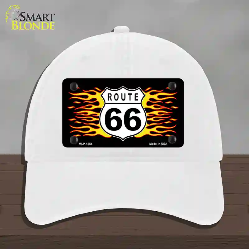 Route 66 Flames Novelty License Plate Hat Unconstructed Cotton / White