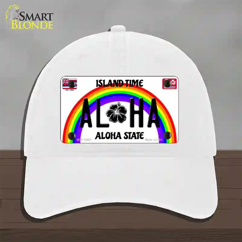 Aloha Hawaii Island Time Novelty License Plate Hat Unconstructed Cotton / White