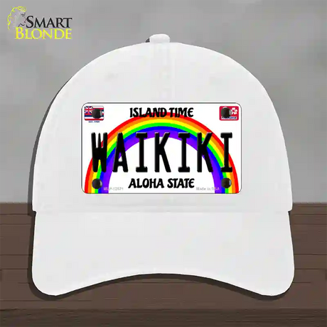 Waikiki Hawaii Novelty License Plate Hat Unconstructed Cotton / White