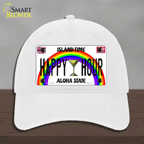 Happy Hour Hawaii Novelty License Plate Hat Unconstructed Cotton / White