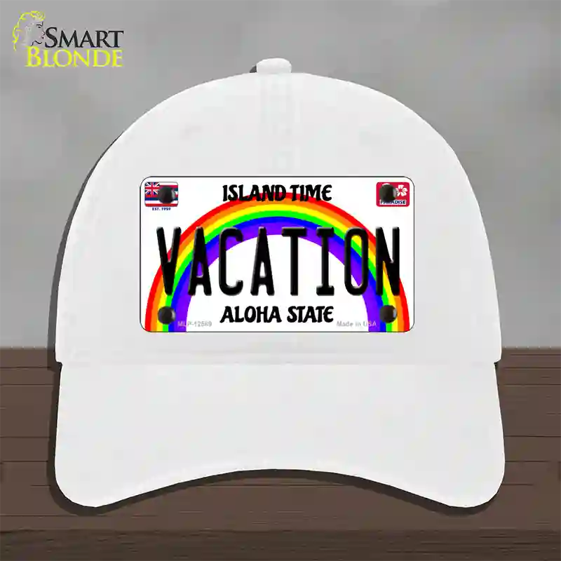 Vacation Hawaii Novelty License Plate Hat Unconstructed Cotton / White