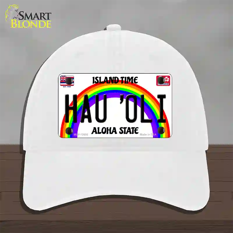 Hau Oli Hawaii Novelty License Plate Hat Unconstructed Cotton / White