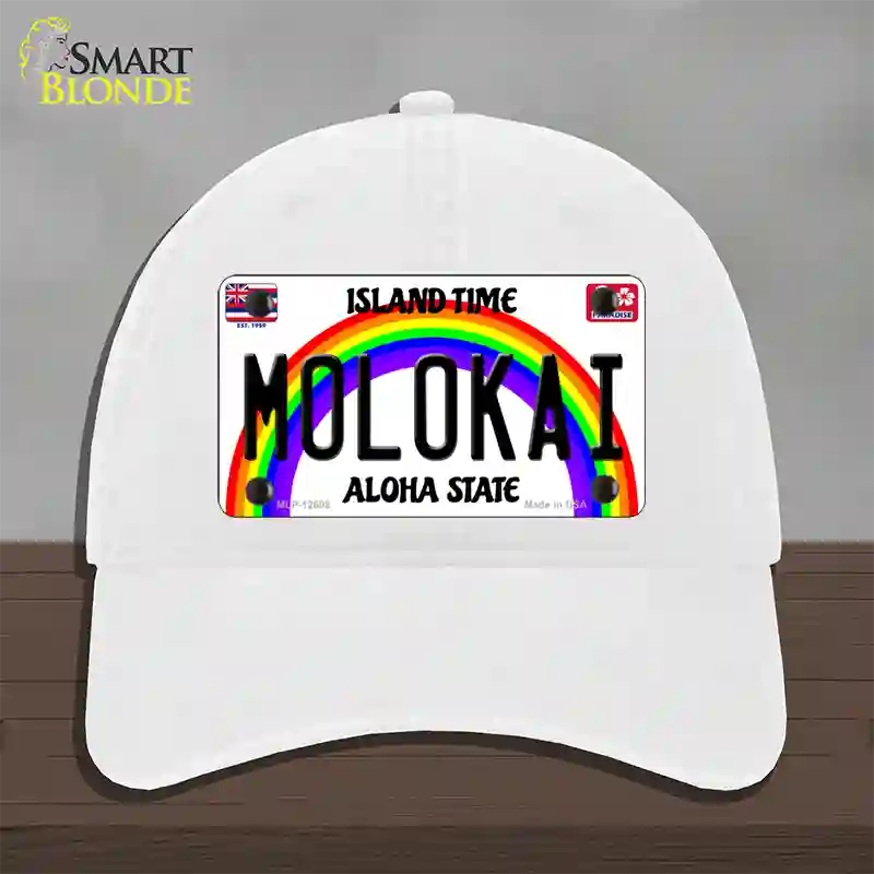 Molokai Hawaii Novelty License Plate Hat Unconstructed Cotton / White