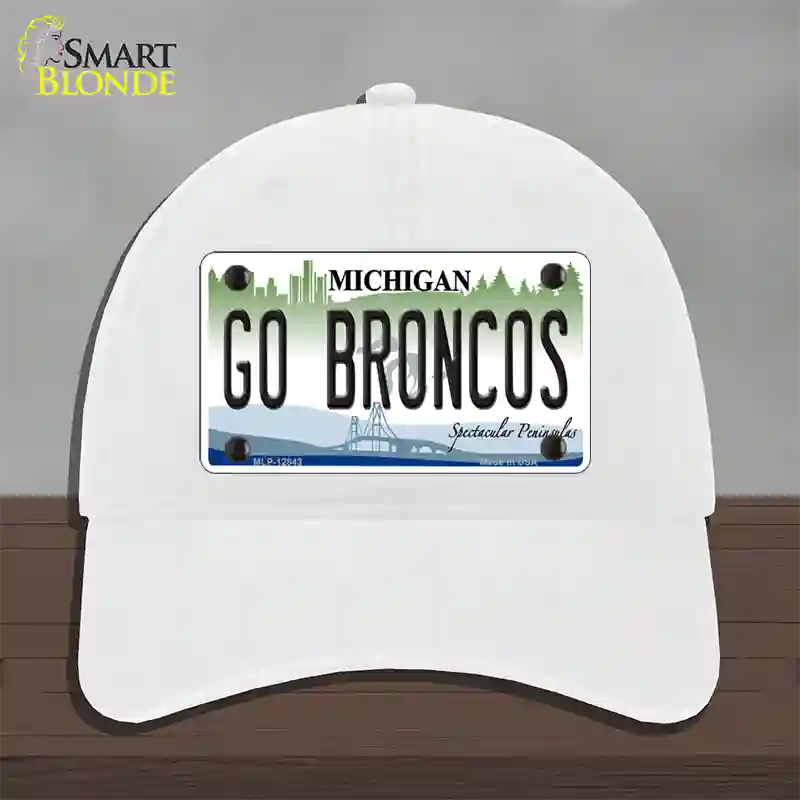 Go Broncos Michigan Novelty License Plate Hat Unconstructed Cotton / White