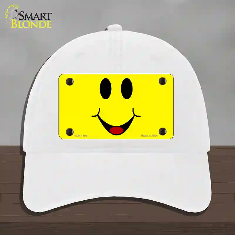 Happy Smiley Novelty License Plate Hat Unconstructed Cotton / White