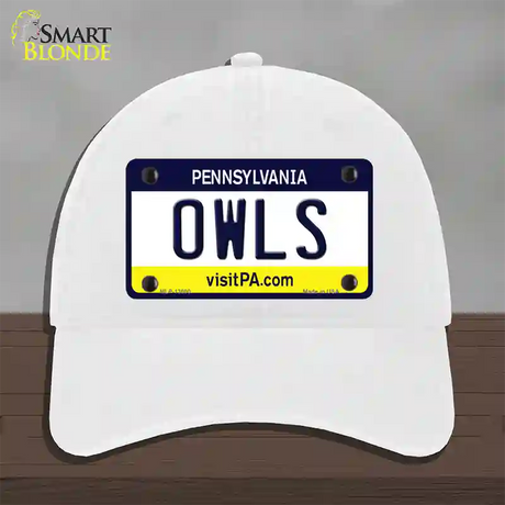 Owls Novelty License Plate Hat Unconstructed Cotton / White