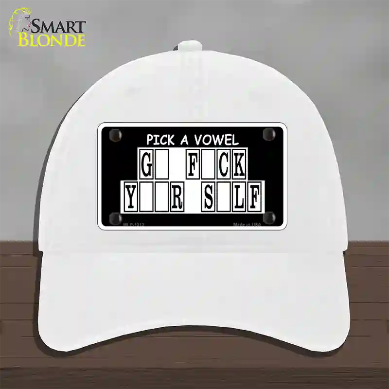 Pick A Vowel Novelty License Plate Hat Unconstructed Cotton / White