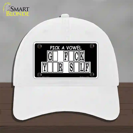 Pick A Vowel Novelty License Plate Hat Unconstructed Cotton / White