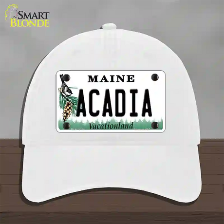 Acadia Maine Novelty License Plate Hat Unconstructed Cotton / White