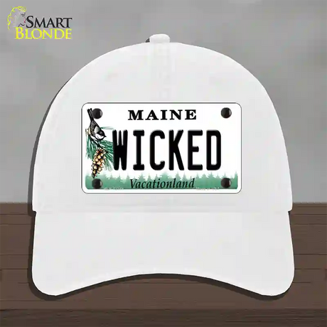 Wicked Maine Novelty License Plate Hat Unconstructed Cotton / White