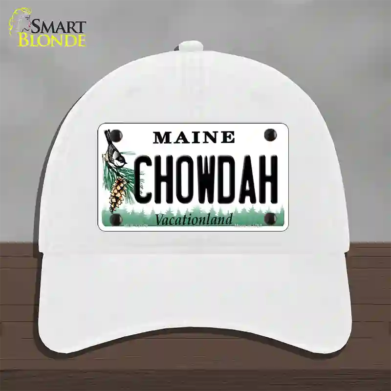 Chowdah Maine Novelty License Plate Hat Unconstructed Cotton / White