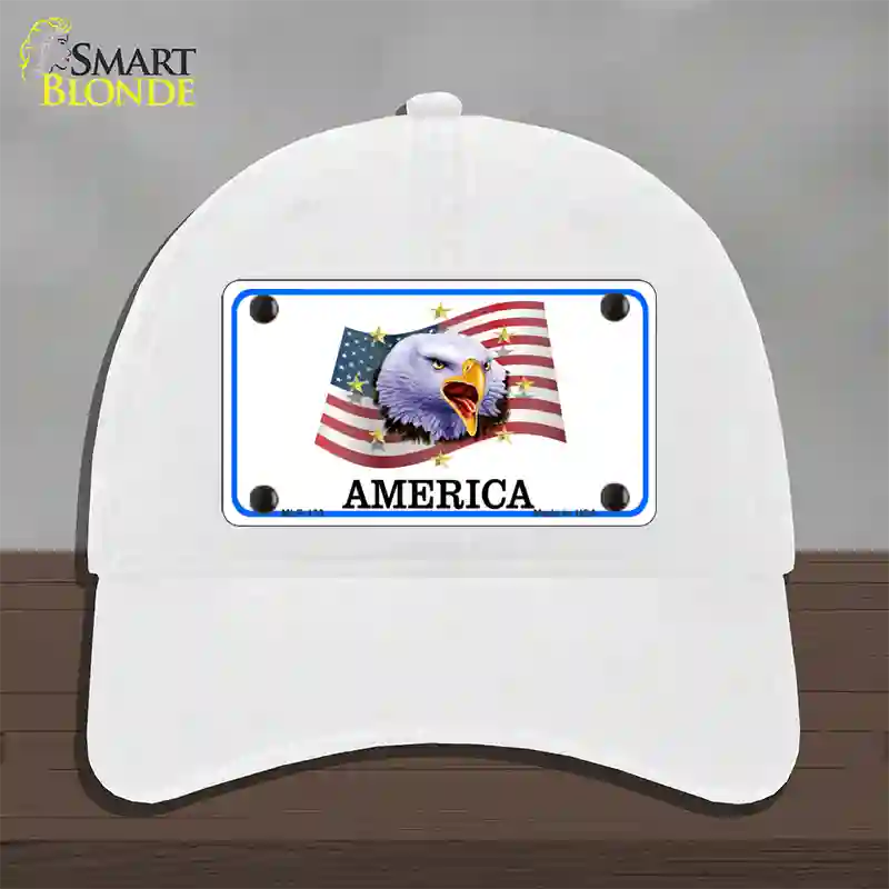 Waving Flag Bald Eagle Novelty License Plate Hat Unconstructed Cotton / White