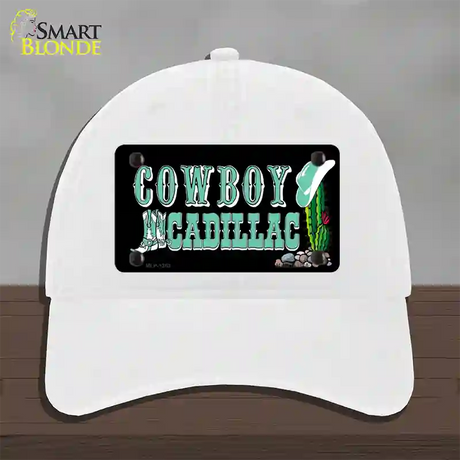 Cowboy Cadillac Novelty License Plate Hat Unconstructed Cotton / White