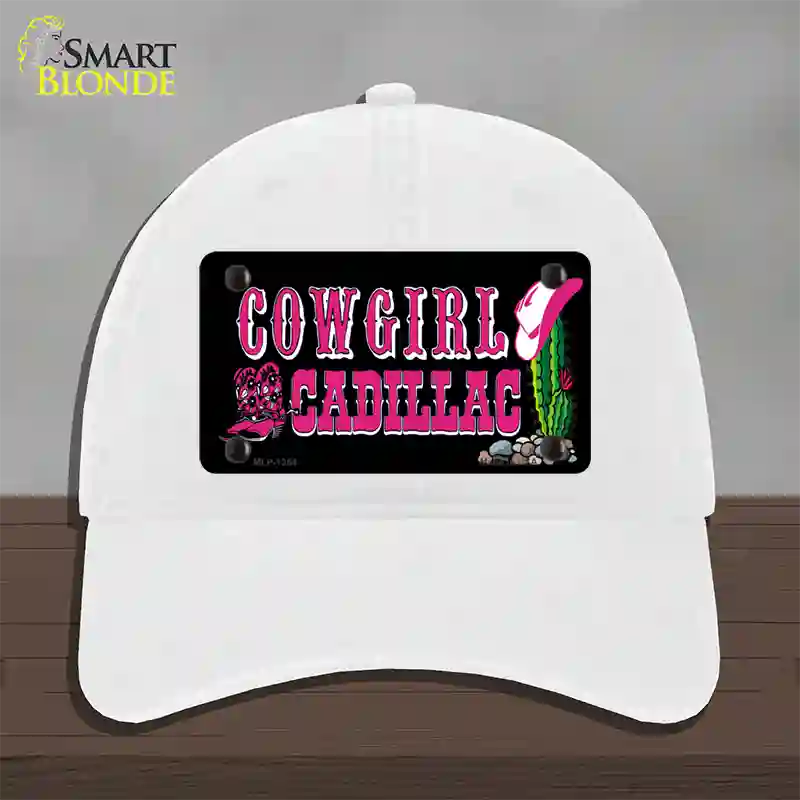 Cowgirl Cadillac Novelty License Plate Hat Unconstructed Cotton / White