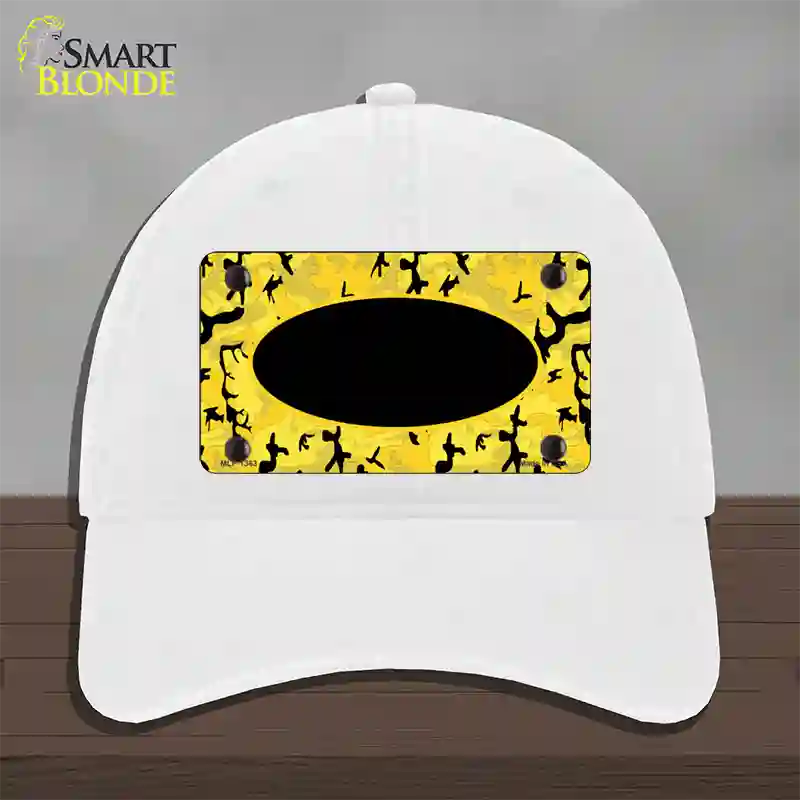 Yellow Black Camouflage With Black Center Oval Novelty License Plate Hat Unconstructed Cotton / White