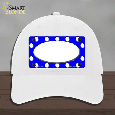 White Royal Blue Polka Dot Center Oval Novelty License Plate Hat Unconstructed Cotton / White