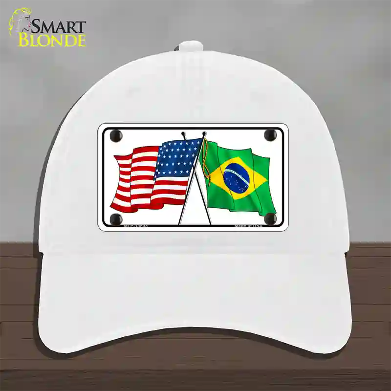 Brazil USA Crossed Flags Novelty License Plate Hat Tag Unconstructed Cotton / White