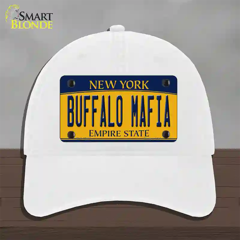 Buffalo Mafia NY Yellow Novelty License Plate Hat Tag Unconstructed Cotton / White