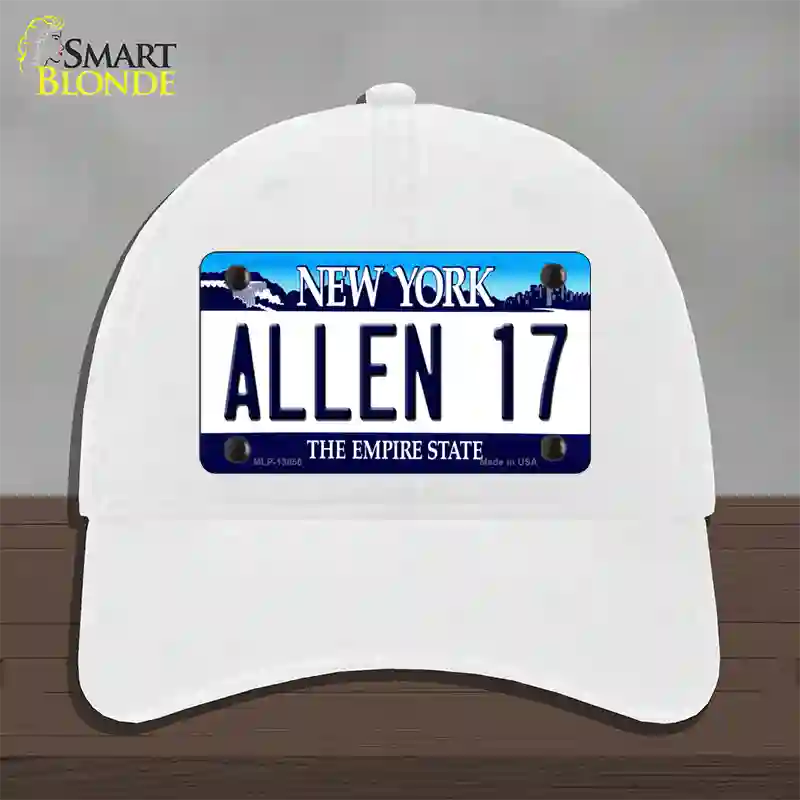 Allen 17 NY Blue Novelty License Plate Hat Tag Unconstructed Cotton / White