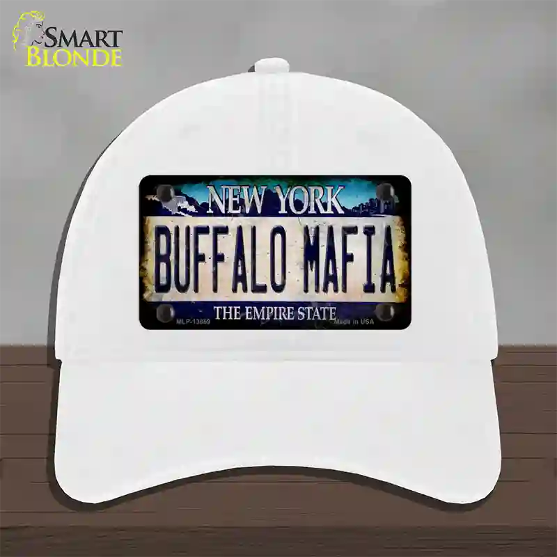 Buffalo Mafia NY Blue Rusty Novelty License Plate Hat Tag Unconstructed Cotton / White