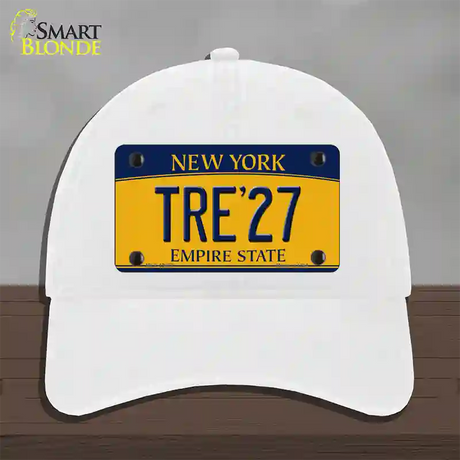 Tre 27 New York Yellow Novelty License Plate Hat Tag Unconstructed Cotton / White