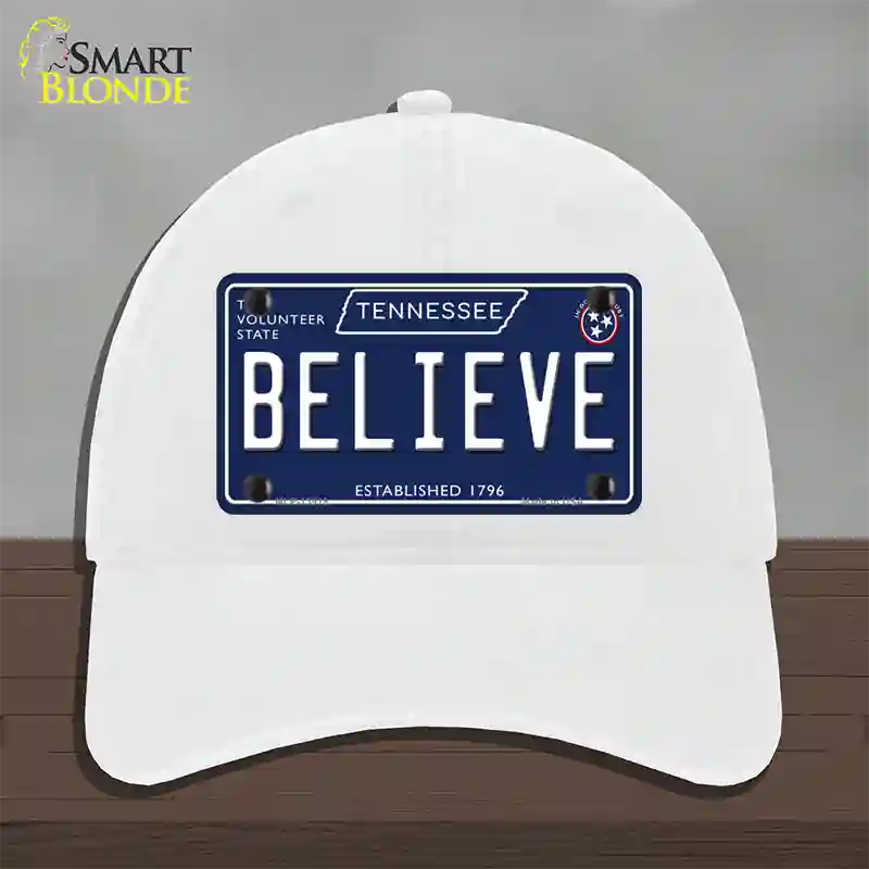 Believe Tennessee Blue Novelty License Plate Hat Tag Unconstructed Cotton / White