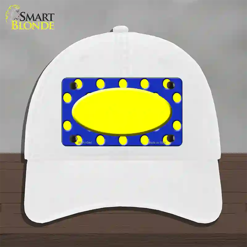 Yellow Royal Blue Polka Dot Center Oval Novelty License Plate Hat Unconstructed Cotton / White