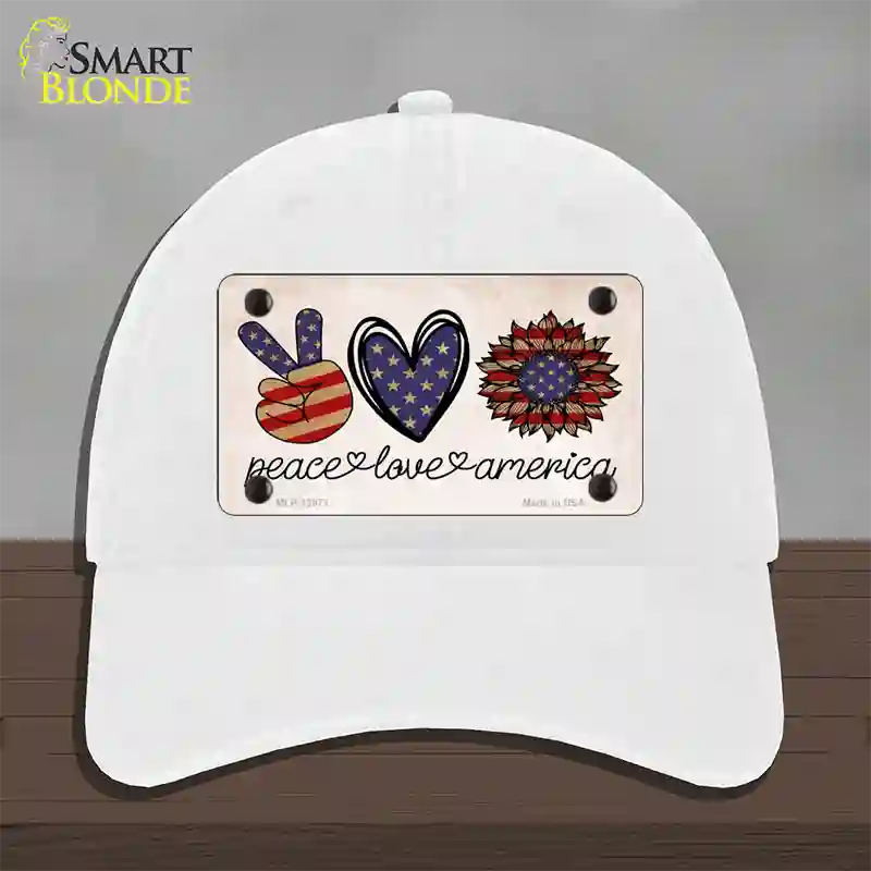 Peace Love America Novelty License Plate Hat Tag Unconstructed Cotton / White