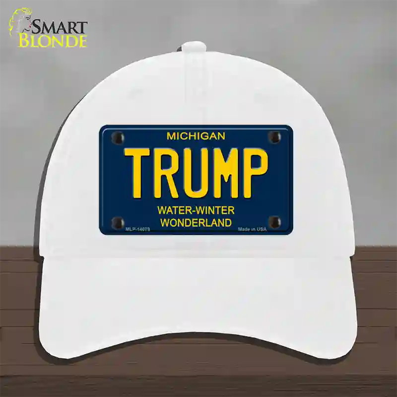 Trump Michigan Blue Novelty License Plate Hat Unconstructed Cotton / White