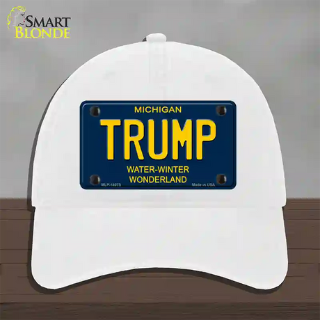 Trump Michigan Blue Novelty License Plate Hat Unconstructed Cotton / White