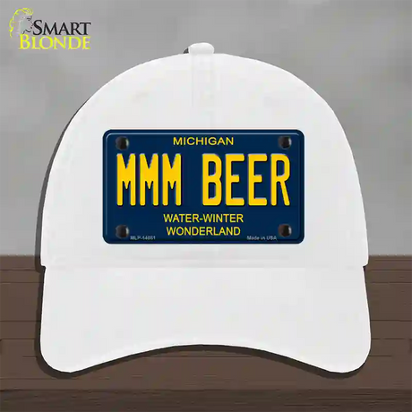 Mmm Beer Michigan Blue Novelty License Plate Hat Unconstructed Cotton / White