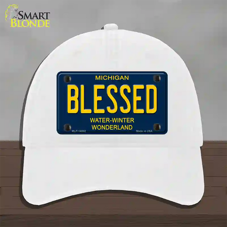 Blessed Michigan Blue Novelty License Plate Hat Unconstructed Cotton / White