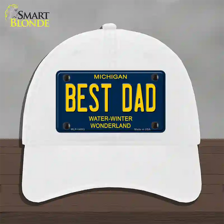 Best Dad Michigan Blue Novelty License Plate Hat Unconstructed Cotton / White