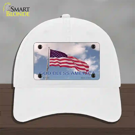 God Bless America Clouds Novelty License Plate Hat Unconstructed Cotton / White