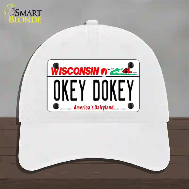 Okey Dokey Wisconsin State Background Novelty License Plate Hat Unconstructed Cotton / White